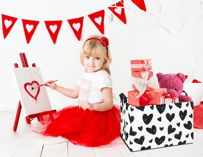 NTAOHAMPER Rectangular Love Basket Empty,Collapsible Gift Basket with Handles,Heart Print Bin for Kids Toys/Books Box,Room Decor(Black Heart) - Image 2